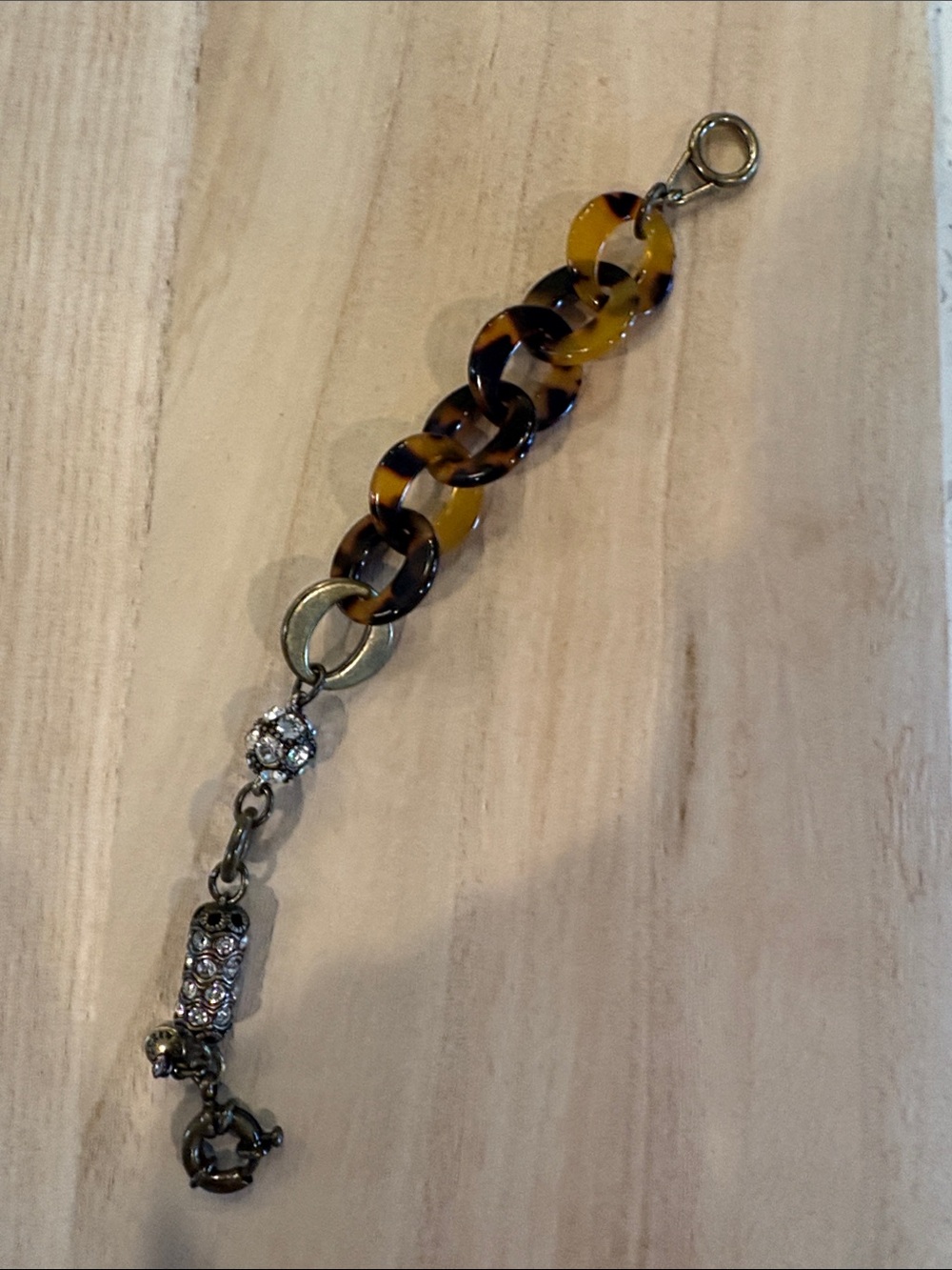 J.Crew Tortoise Shell Link Crystal Rhinestone Charm Bracelet Vintage